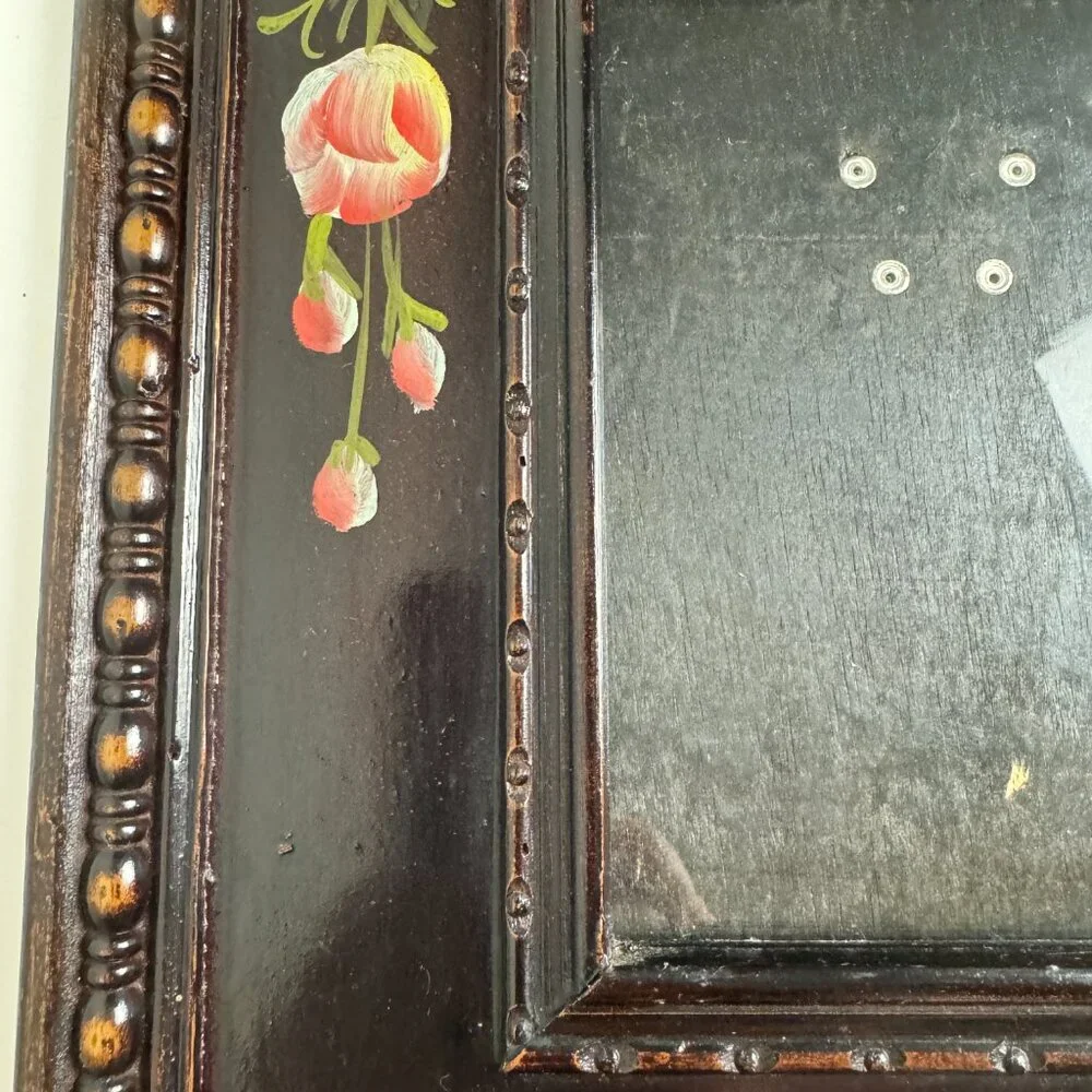 Antique RARE Wooden Frame Flowers Hand Painted